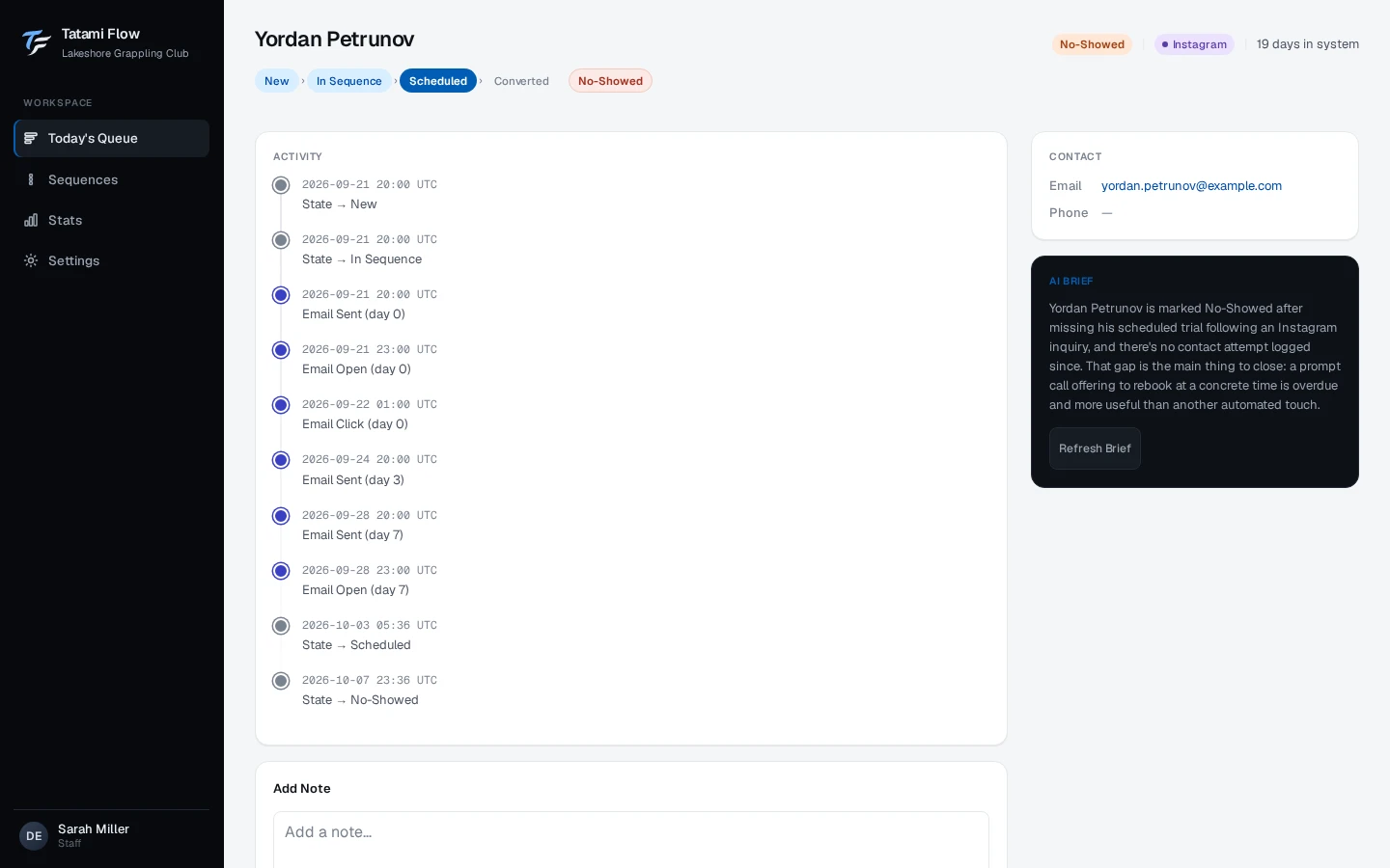 A lead's detail page: their details, the activity so far and an AI brief for the call.